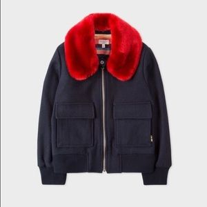 Paul Smith Junior Navy Wool Jacket Red Fur Collar